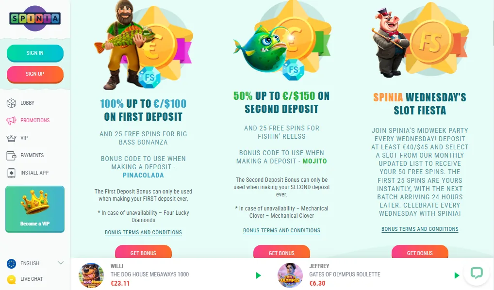 Screenshot of Spinia's welcome bonus offer