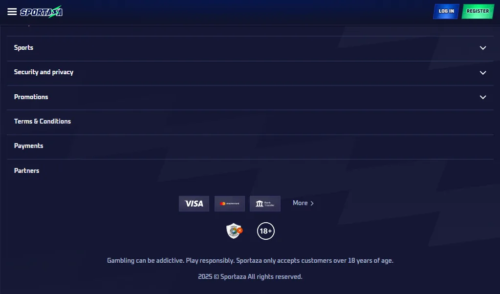 Screenshot of Sportaza's footer licence and regulator details