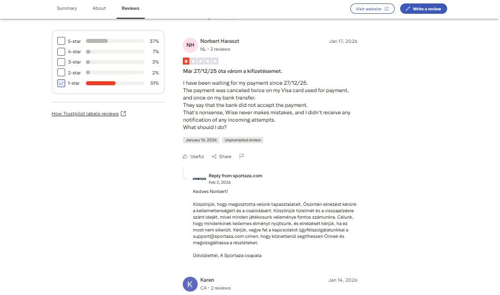 Screenshot of Sportaza's negative Trustpilot review