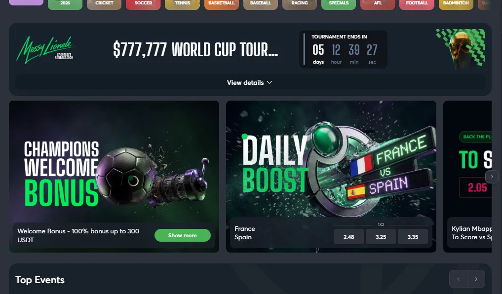 Screenshot of Sportsbet.io's welcome bonus offer
