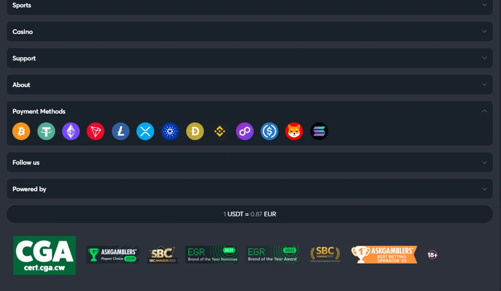 Screenshot of Sportsbet.io's cashier and payment methods