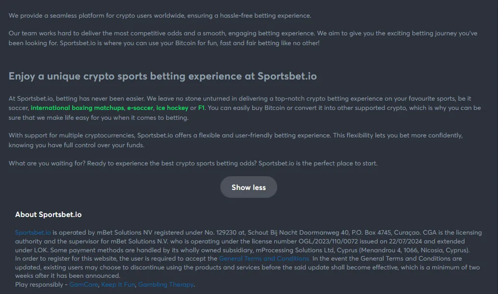 Screenshot of Sportsbet.io's footer licence and regulator details