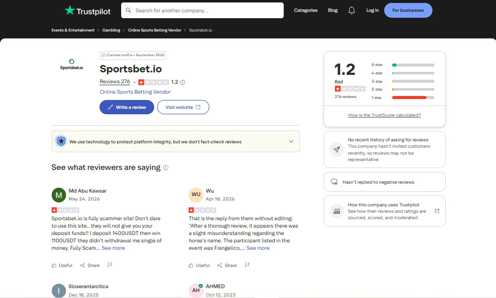 Screenshot of Sportsbet.io's Trustpilot rating overview