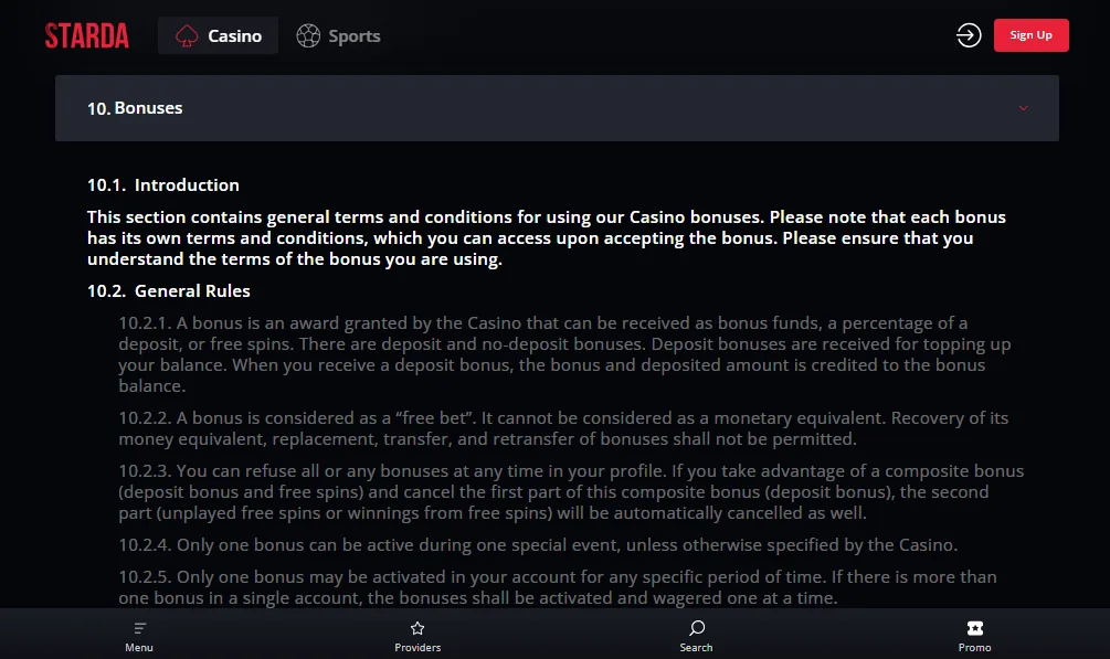 Screenshot of Starda's bonus terms and wagering requirements