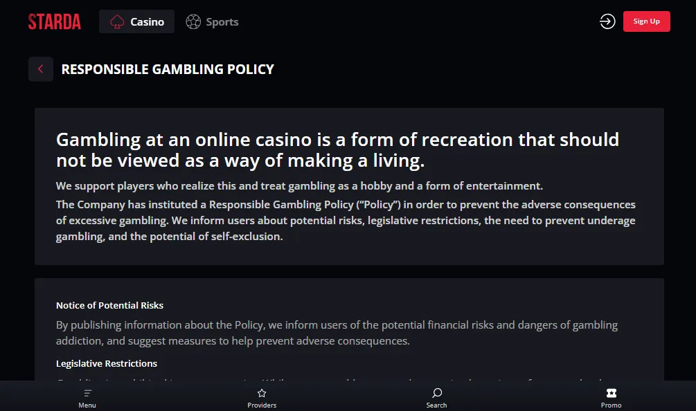Screenshot of Starda's responsible-gambling tools