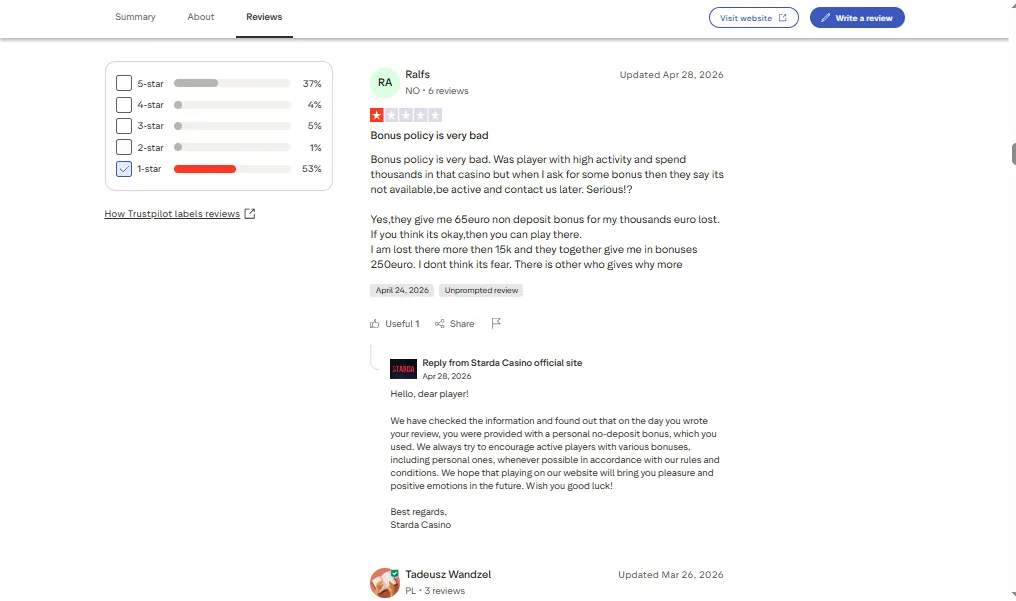 Screenshot of Starda's negative Trustpilot review