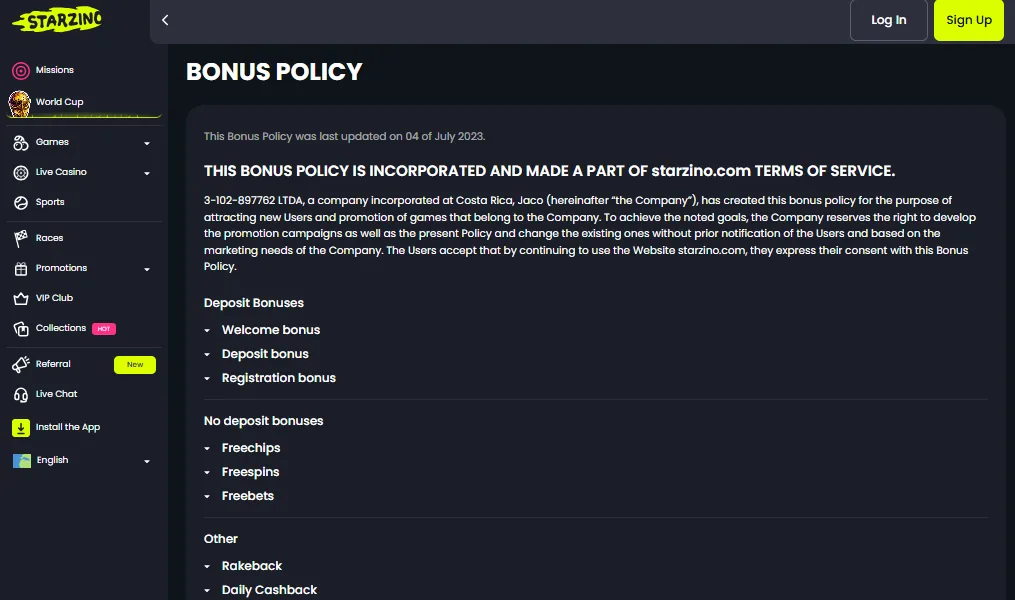 Screenshot of Starzino's bonus terms and wagering requirements