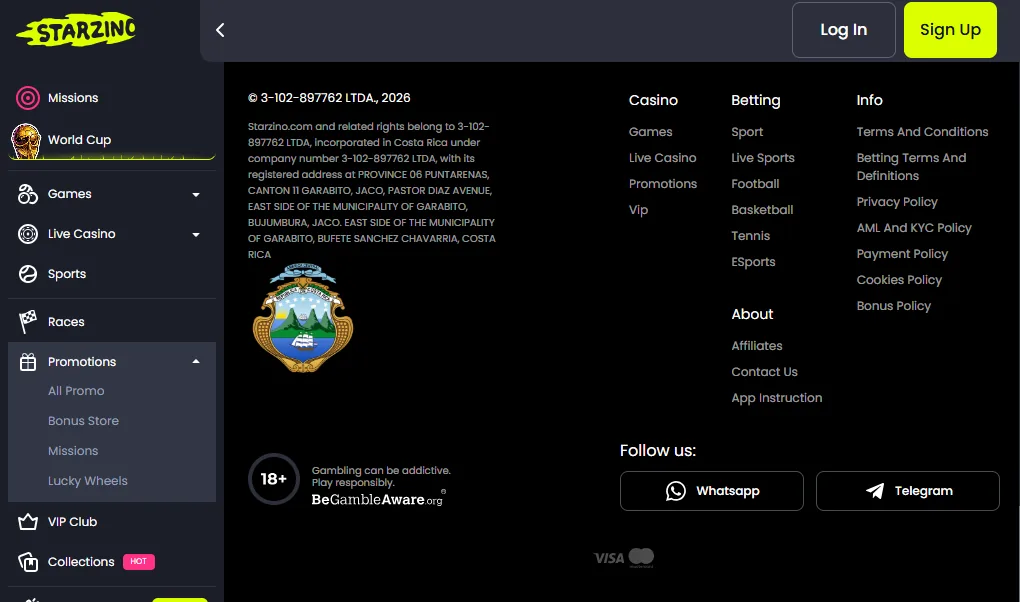 Screenshot of Starzino's cashier and payment methods