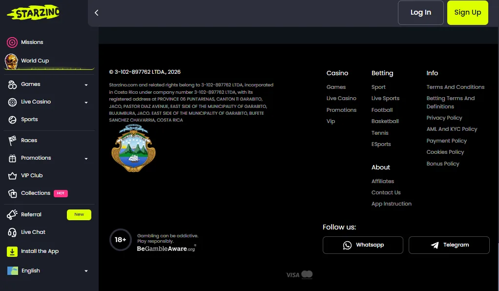 Screenshot of Starzino's footer licence and regulator details