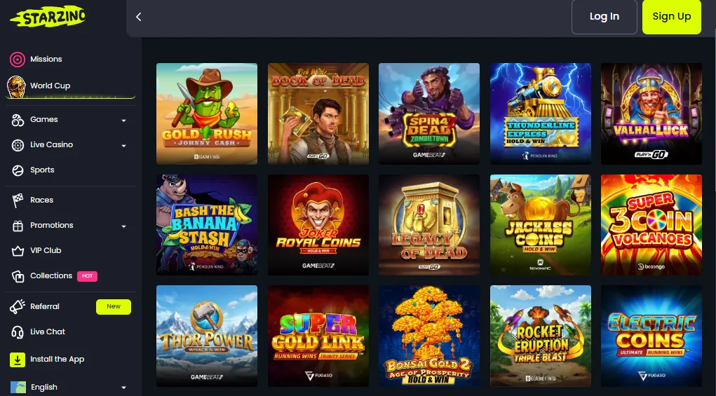 Screenshot of Starzino's games lobby