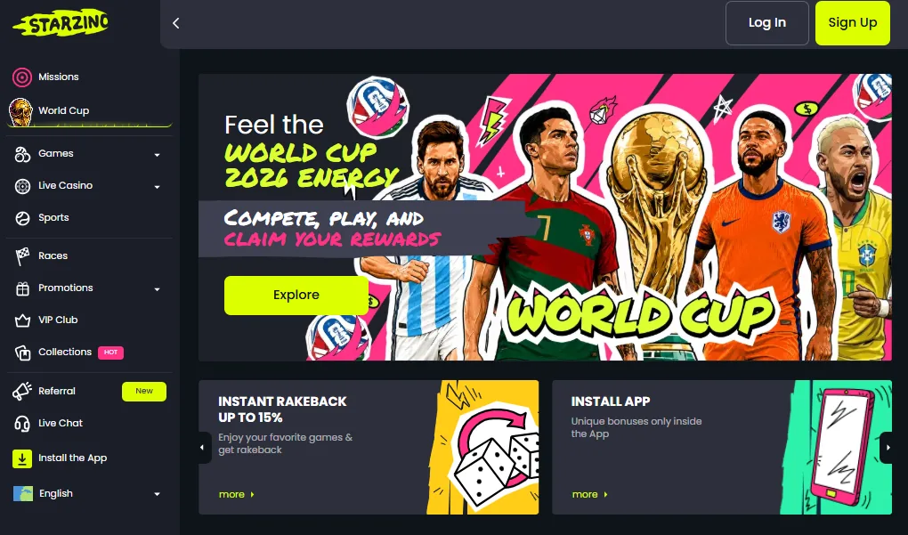 Screenshot of Starzino's homepage