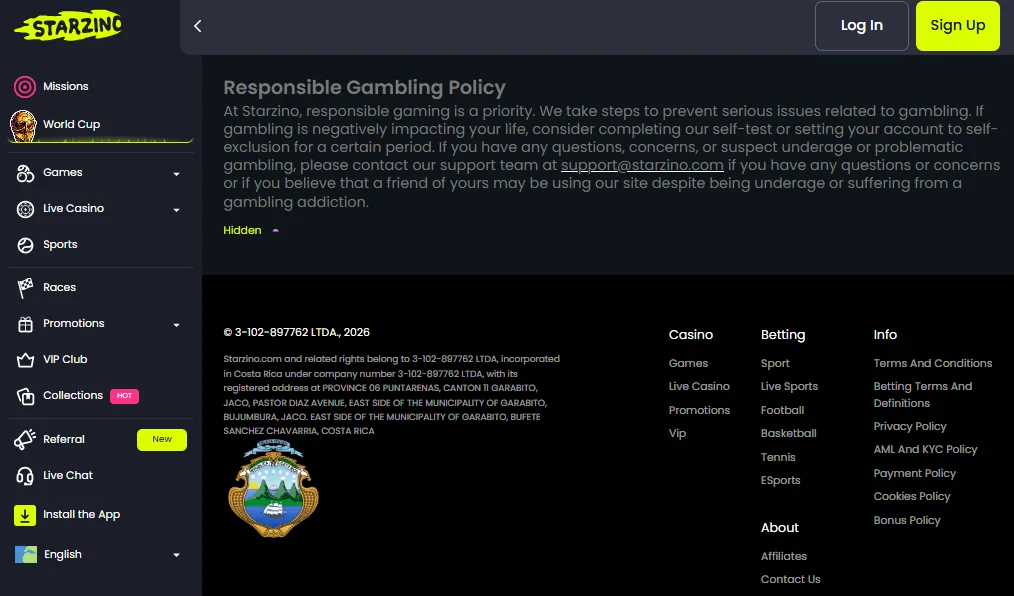 Screenshot of Starzino's responsible-gambling tools
