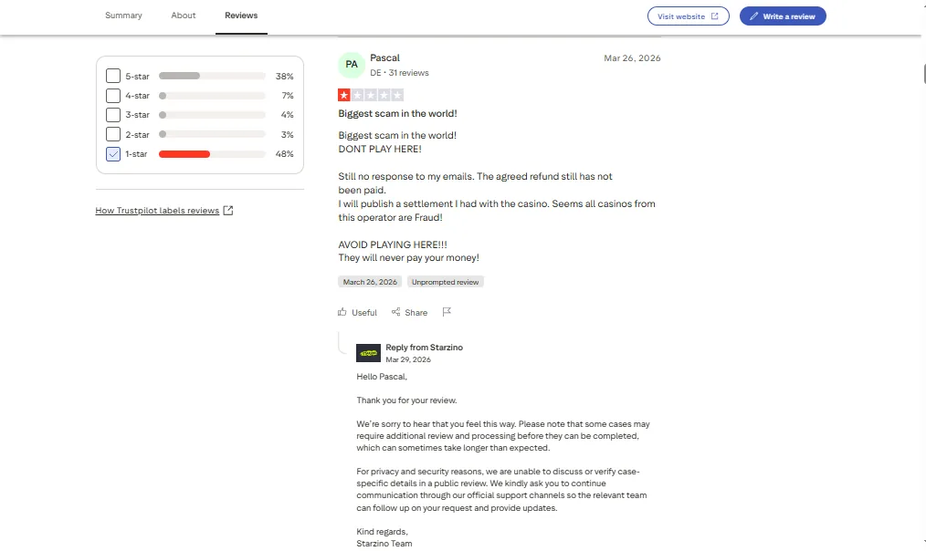Screenshot of Starzino's negative Trustpilot review