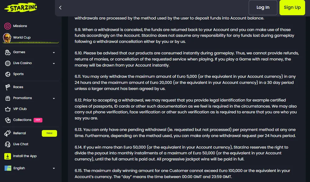 Screenshot of Starzino's withdrawal section and limits