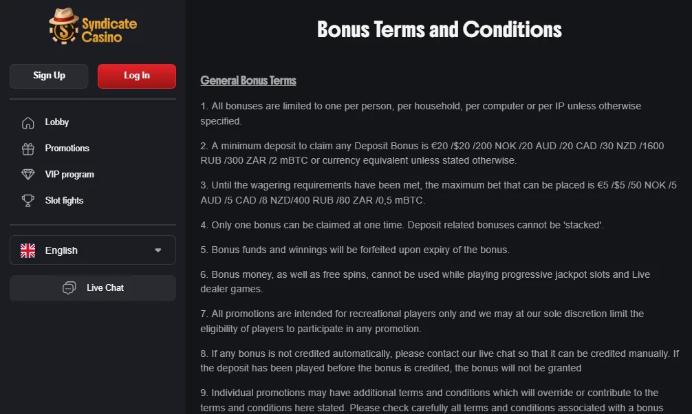 Screenshot of Syndicate Casino's bonus terms and wagering requirements