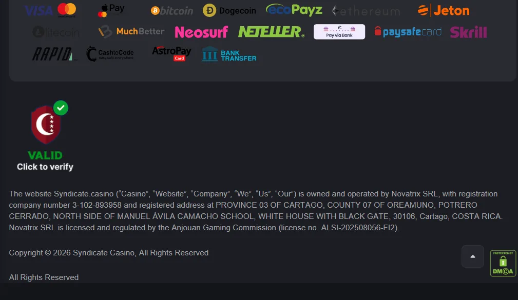 Screenshot of Syndicate Casino's footer licence and regulator details