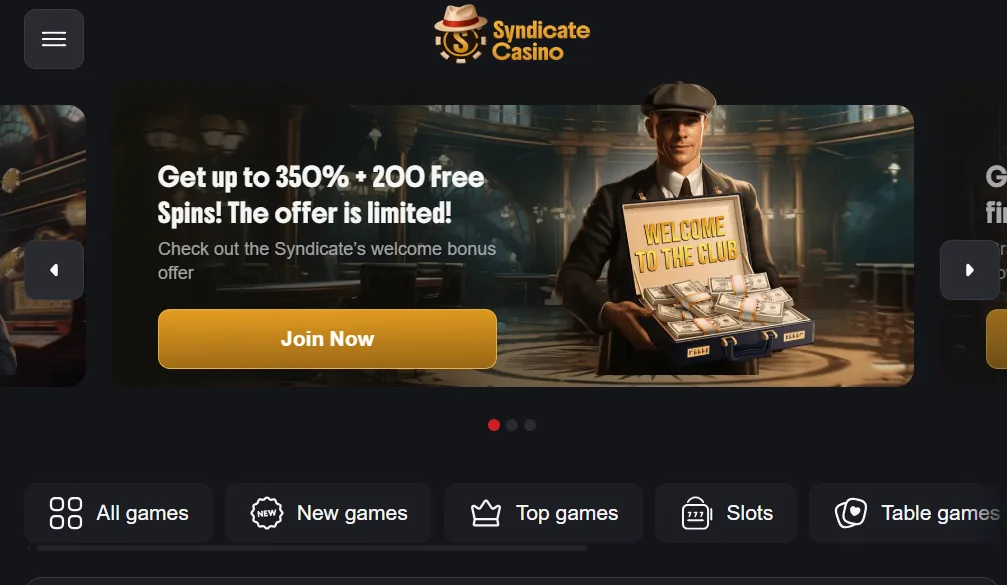Screenshot of Syndicate Casino's homepage