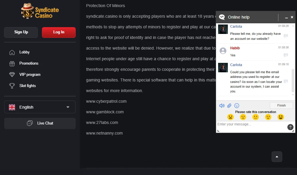 Screenshot of Syndicate Casino's live chat support window