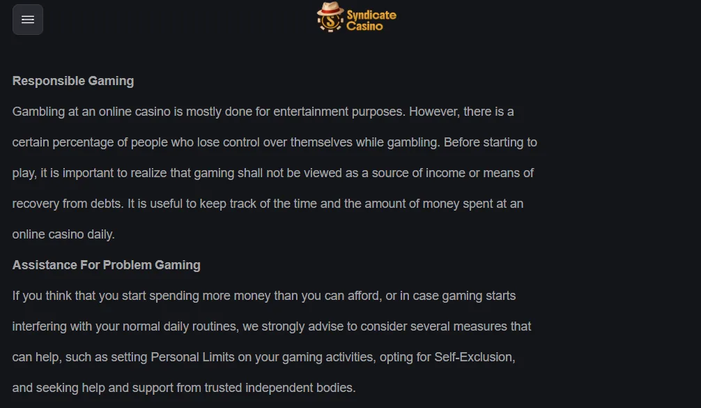 Screenshot of Syndicate Casino's responsible-gambling tools