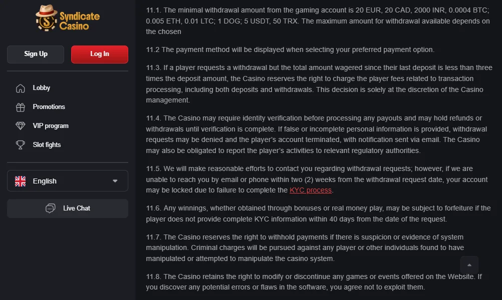 Screenshot of Syndicate Casino's withdrawal section and limits
