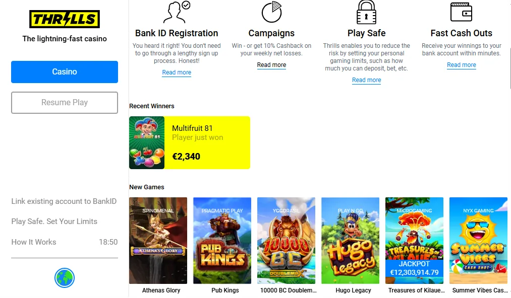 Screenshot of Thrills's welcome bonus offer