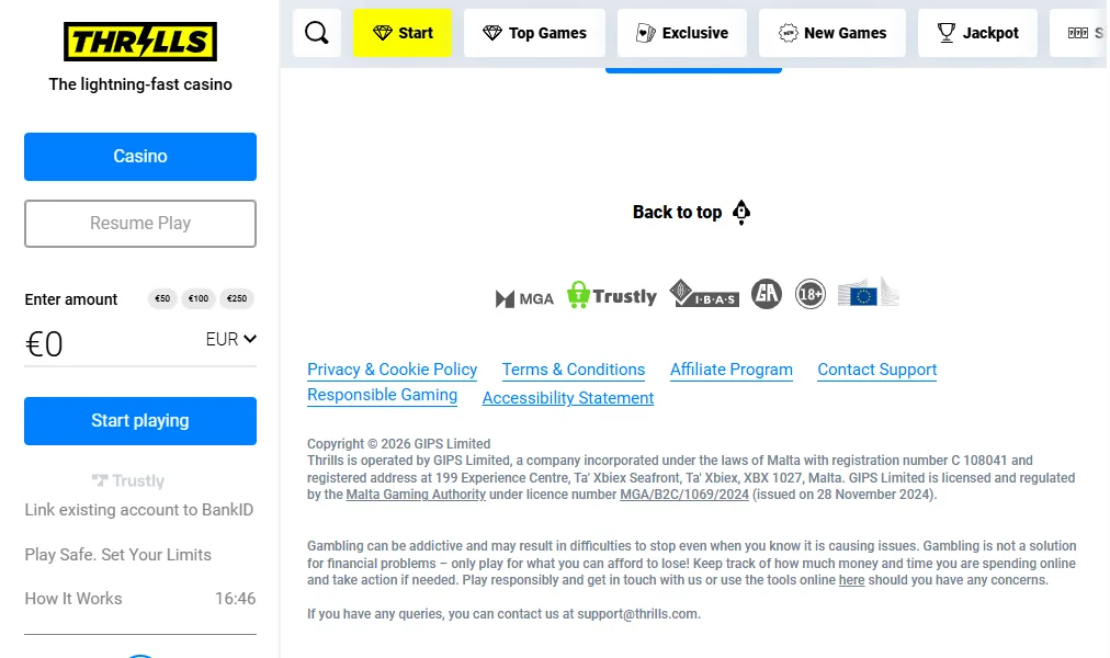 Screenshot of Thrills's footer licence and regulator details