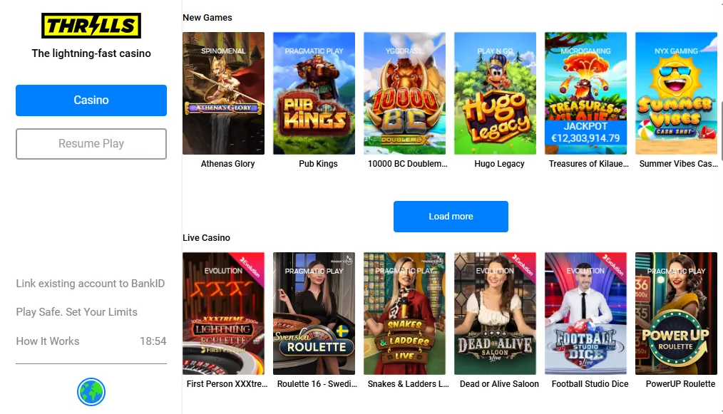 Screenshot of Thrills's games lobby