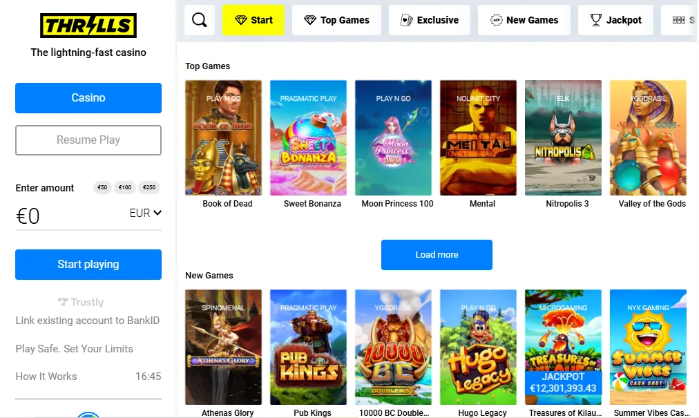 Screenshot of Thrills's homepage