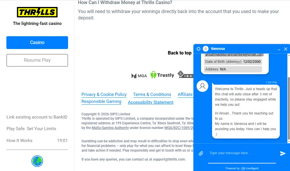 Screenshot of Thrills's live chat support window