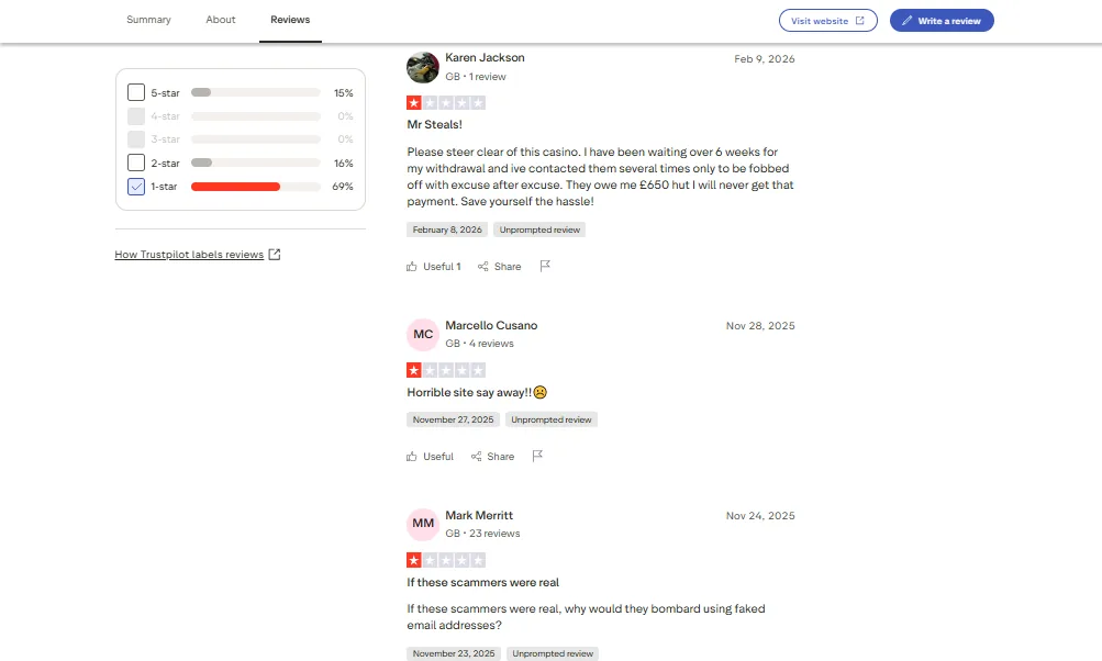 Screenshot of Thrills's negative Trustpilot review