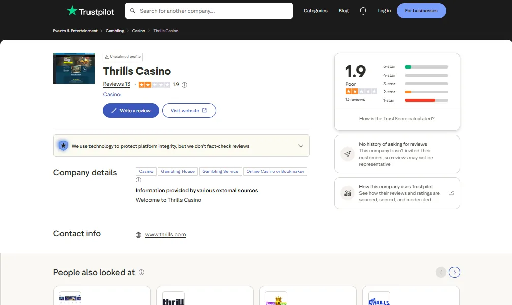 Screenshot of Thrills's Trustpilot rating overview