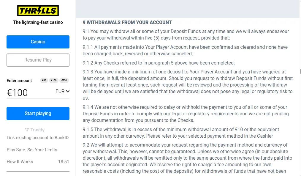 Screenshot of Thrills's withdrawal section and limits