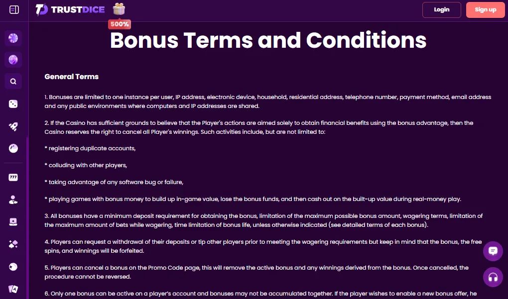 Screenshot of TrustDice's bonus terms and wagering requirements