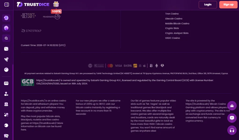 Screenshot of TrustDice's cashier and payment methods