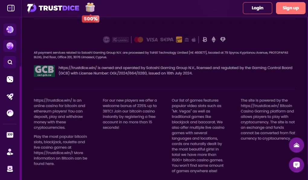 Screenshot of TrustDice's footer licence and regulator details