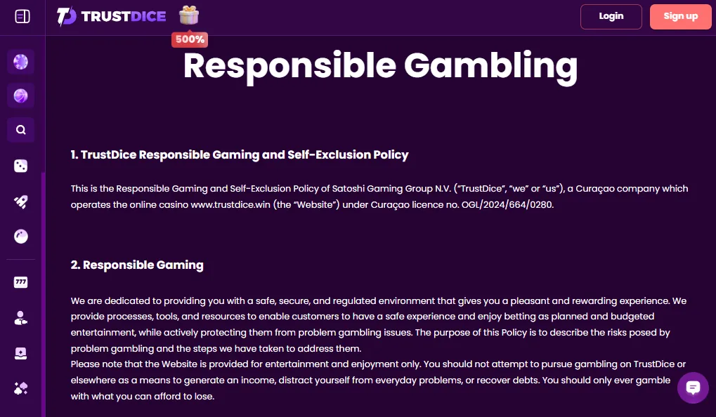 Screenshot of TrustDice's responsible-gambling tools