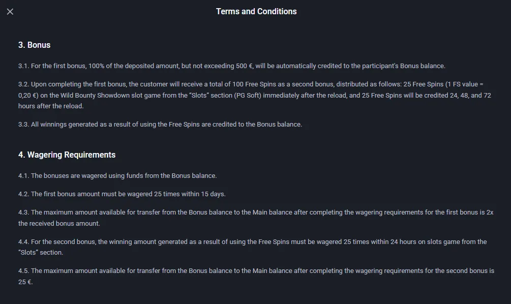 Screenshot of Twin Casino's bonus terms and wagering requirements