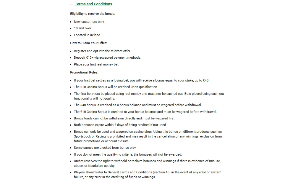 Screenshot of Unibet's bonus terms and wagering requirements