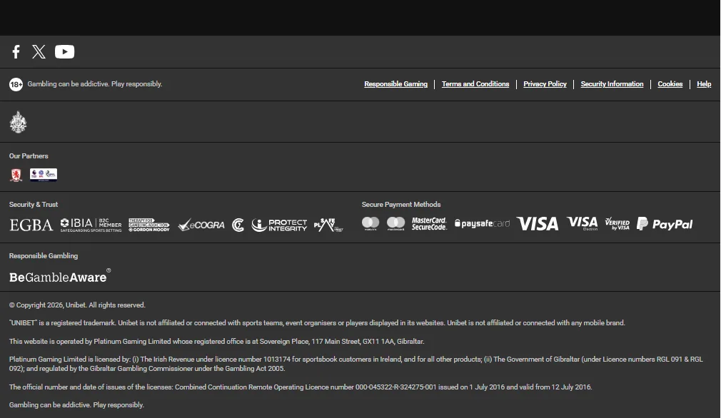 Screenshot of Unibet's cashier and payment methods
