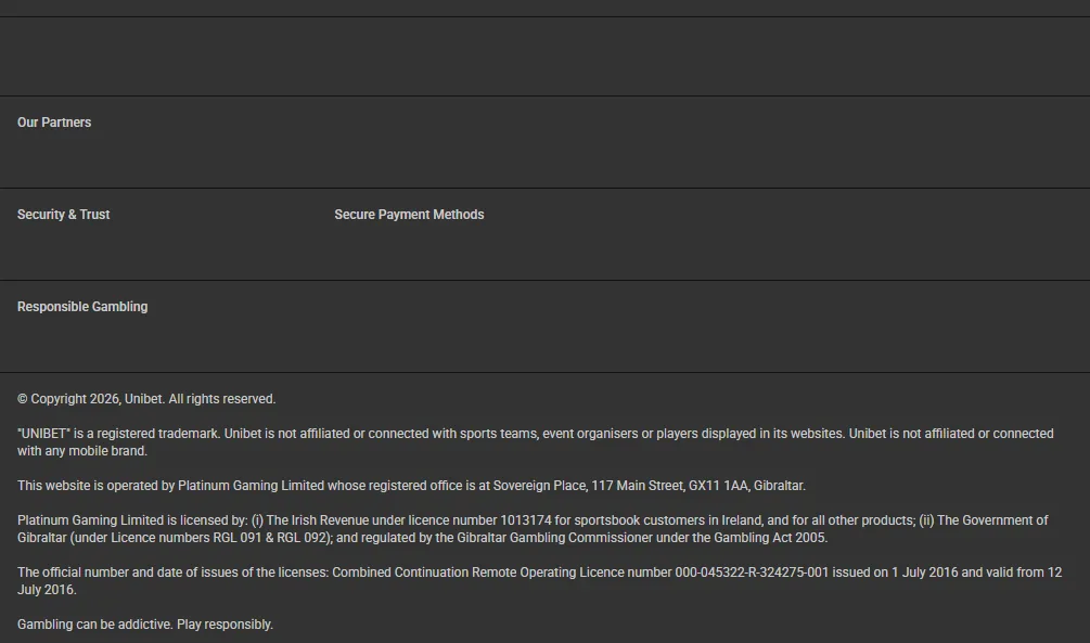 Screenshot of Unibet's footer licence and regulator details