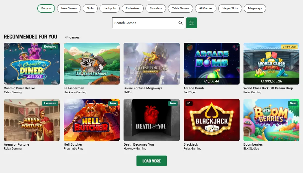 Screenshot of Unibet's games lobby