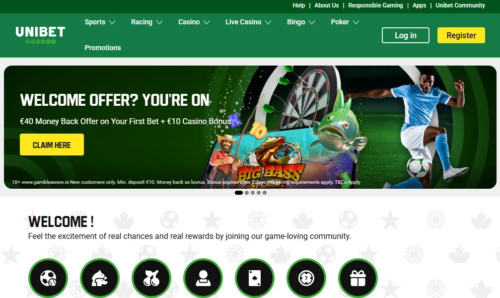 Screenshot of Unibet's homepage