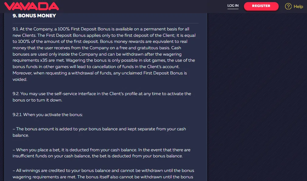 Screenshot of Vavada's bonus terms and wagering requirements