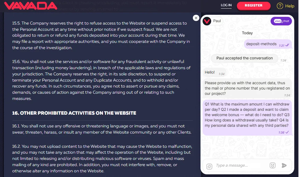Screenshot of Vavada's live chat support window