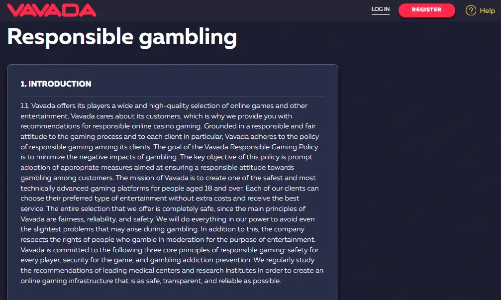 Screenshot of Vavada's responsible-gambling tools