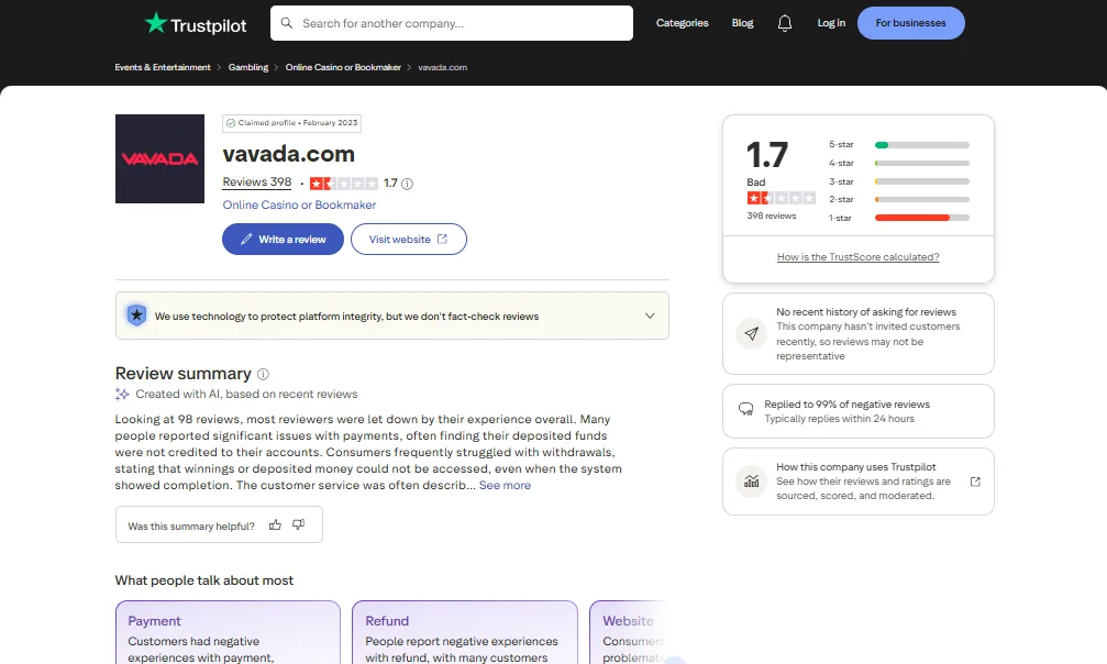 Screenshot of Vavada's Trustpilot rating overview