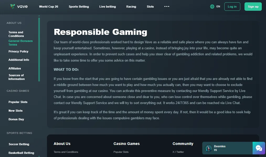 Screenshot of Vave's responsible-gambling tools
