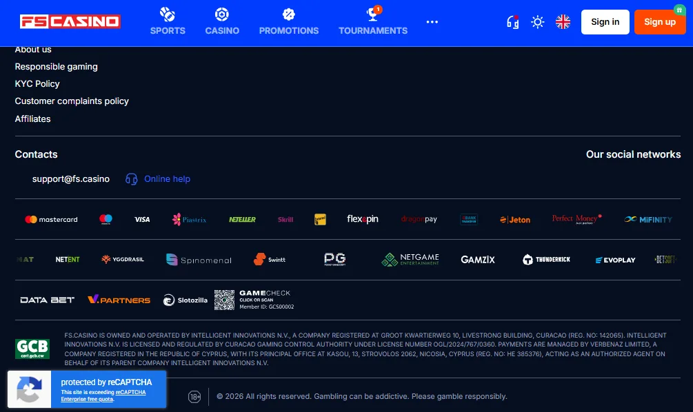 Screenshot of Vulkan Bet's footer licence and regulator details