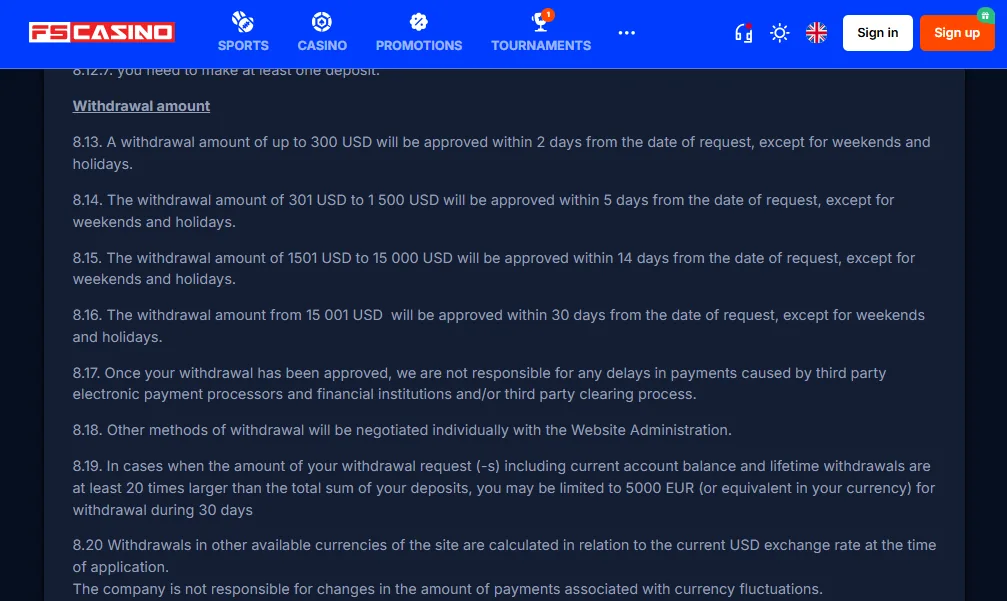 Screenshot of Vulkan Bet's withdrawal section and limits