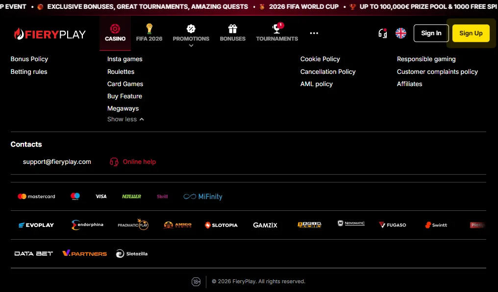 Screenshot of VulkanSpiele's cashier and payment methods